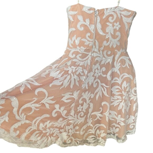 Jodi Kristopher Peach Dress w/ White Floral Sequin Overlay Womens Size 9 Lined - Picture 5 of 13